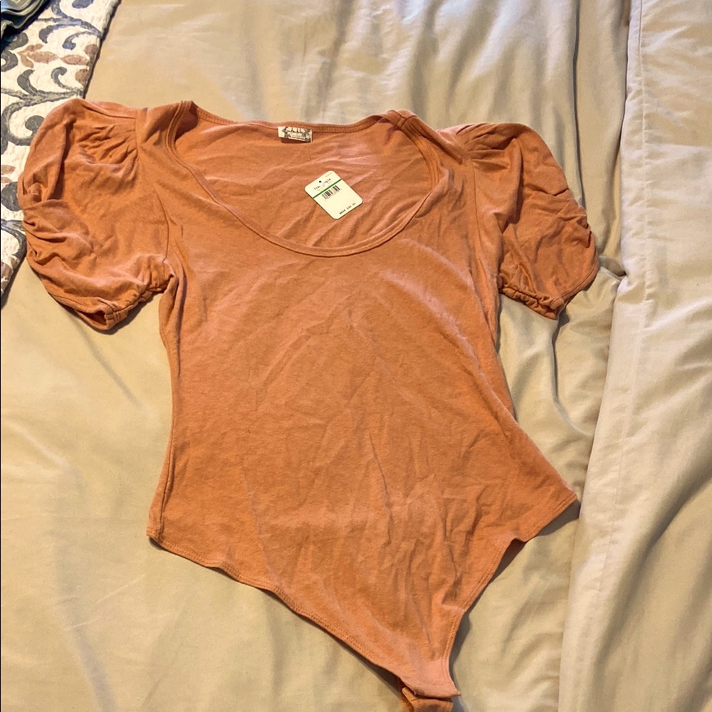 Free People Orange Puff Sleeve Fitted Bodysuit
